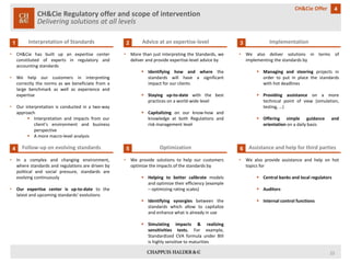 CH&Cie Regulatory offer and scope of interventionDelivering solutions at all levels 
4 
CH&Cie Offer 
Interpretation of Standards 
•CH&Ciehasbuiltupanexpertisecenterconstitutedofexpertsinregulatoryandaccountingstandards 
•Wehelpourcustomersininterpretingcorrectlythenormsaswebeneficiatefromalargebenchmarkaswellasexperienceandexpertise 
•Ourinterpretationisconductedinatwo-wayapproach 
Interpretationandimpactsfromourclient’senvironmentandbusinessperspective 
Amoremacro-levelanalysis 
Advice at an expertise-level 
Implementation 
1 
2 
3 
•MorethanjustinterpretingtheStandards,wedeliverandprovideexpertise-leveladviceby 
Identifyinghowandwherethestandardswillhaveasignificantimpactforourclients 
Stayingup-to-datewiththebestpracticesonaworld-widelevel 
Capitalizingonourknow-howandknowledgeatbothRegulationsandriskmanagementlevel 
•Wealsodeliversolutionsintermsofimplementingthestandardsby 
Managingandsteeringprojectsinordertoputinplacethestandardswithhotdeadlines 
Providingassistanceonamoretechnicalpointofview(simulation, testing,…) 
Offeringsimpleguidanceandorientationonadailybasis 
Follow-up on evolving standards 
•Inacomplexandchangingenvironment, wherestandardsandregulationsaredrivenbypoliticalandsocialpressure,standardsareevolvingcontinuously 
•Ourexpertisecenterisup-to-datetothelatestandupcomingstandards’evolutions 
Optimization 
Assistance and help for third parties 
4 
5 
6 
•Weprovidesolutionstohelpourcustomersoptimizetheimpactsofthestandardsby 
Helpingtobettercalibratemodelsandoptimizetheirefficiency(example–optimizingratingscales) 
Identifyingsynergiesbetweenthestandardswhichallowtocapitalizeandenhancewhatisalreadyinuse 
Simulatingimpacts&realizingsensitivitiestests.Forexample, StandardizedCVAformulaunderBIIIishighlysensitivetomaturities 
•Wealsoprovideassistanceandhelponhottopicsfor 
Centralbanksandlocalregulators 
Auditors 
Internalcontrolfunctions 
25 
 