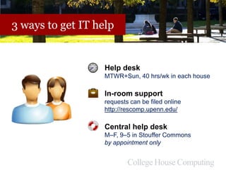 3 ways to get IT help
Help desk
MTWR+Sun, 40 hrs/wk in each house
In-room support
requests can be filed online
http://rescomp.upenn.edu/
Central help desk
M–F, 9–5 in Stouffer Commons
by appointment only
 