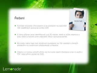 Řešení

★ Koncept microsite Chciuspech.cz je postaven na vypovědi
  19ti úspěšných spolupracovníků OVB.


★ V rámci příprav jsme identifikovali cca 30 otázek, které si může zájemce o
  práci klást a natočili jsme odpovědi všech spolupracovníků.


★ Microsite nabízí také test vhodnosti postavený na 15ti otázkách cílených
  především na osobnostní předpoklady uchazeče.


★ Zájemci si mohou vytvořit přímo na microsite vlastní životopis a ten si uložit v
  PDF nebo přímo poslat do OVB.
 
