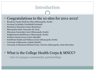Introduction Congratulations to the 10 sites for 2011-2012! Broadway Family Medicine Clinic (Minneapolis, North) Growing Up Healthy (Northfield/Faribault) Hawthorne Education Center (Rochester) Metropolitan State University (St. Paul) Minnesota Internship Center (Minneapolis, South) Neighborhood HealthSource (Minneapolis, North) Northern Dental Access Center (Bemidji) NorthPoint Health and Wellness Center (Minneapolis, North) University of Minnesota, Duluth (Duluth) University of Minnesota Medical Center, Fairview (Minneapolis, Cedar-Riverside) What is the College Health Corps & MNCC? role of campus-community partnerships 