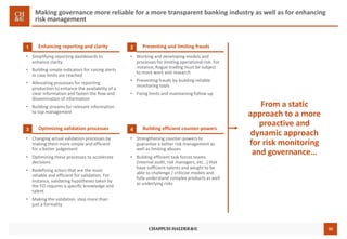 32
Making governance more reliable for a more transparent banking industry as well as for enhancing
risk management
Enhancing reporting and clarity1
• Simplifying reporting dashboards to
enhance clarity
• Building simple indicators for raising alerts
in case limits are reached
• Alleviating processes for reporting
production to enhance the availability of a
clear information and fasten the flow and
dissemination of information
• Building streams for relevant information
to top management
Preventing and limiting frauds2
• Working and developing models and
processes for limiting operational risk. For
instance, Rogue trading must be subject
to more work and research
• Preventing frauds by building reliable
monitoring tools
• Fixing limits and maintaining follow-up
• Changing actual validation processes by
making them more simple and efficient
for a better judgement
• Optimizing these processes to accelerate
decisions
• Redefining actors that are the most
reliable and efficient for validation. For
instance, validating hypotheses taken by
the FO requires a specific knowledge and
talent
• Making the validation step more than
just a formality
Building efficient counter-powers4
• Strengthening counter-powers to
guarantee a better risk management as
well as limiting abuses
• Building efficient task forces teams
(internal audit, risk managers, etc…) that
have sufficient talents and weight to be
able to challenge / criticize models and
fully understand complex products as well
as underlying risks
From a static
approach to a more
proactive and
dynamic approach
for risk monitoring
and governance…
Optimizing validation processes3
 
