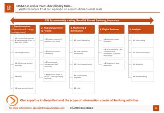36
CH&Co is also a multi-disciplinary firm…
…With resources that can operate on a multi-dimensional scale
Our expertise is diversified and the scope of intervention covers all banking activities
1. Transformation
(Operations & change
management)
2. Risk Management
& Finance
3. Marketing &
distribution
4. Digital Business 5. Analytics
1.1 Process improvement
& reengineering (Front to
Back, KYC, CRM)
1.2 Reorganization
1.3 Off shoring and out
sourcing
1.4 PMO
1.5 New product launch
2.1 Product control (FX
exposure, PNL, ALM)
2.2 Financial control
framework
2.3 Performance
Management and
reporting
2.4 Regulation (Basel 3,
FATCA…) and regulatory
reporting
3.1 Direct Marketing
3.2 Multi channel
distribution
3.3 Client segmentation
3.4 Client loyalty
programs
3.5 CRM
4.1 Web and mobile
strategies
4.2 Social media for CRM,
communication,
distribution, customer
service tool
4.3 Targeting of new
generation
5.1 Data mining
5.2 Statistical analysis
5.3 Modeling
5.4 Benchmarking
CIB & commodity trading, Retail & Private Banking, Insurance
For more information: bgenest@chappuishalder.com
 