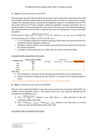 © Global Research & Analytics Dept.| 2015 | All rights reserved
26
e) Step 4: Estimation of the stressed VaR12
The aim of the stressed VaR estimation is to provide a more conservative estimation of the VaR
to be reliable with the possible shock in the market (crisis etc.) thus, the worst period is used to
compute the estimation (keep in mind that the regulatory request is a confidence level at 99%
and a time horizon of 10 days). Besides, within the regulation, financial institutions have to
justify the choice of this period and obviously to prove the relevance of the approach prudency.
The estimation of the stressed VaR is based on the worst 252 trading days (1 year) of the Spot
log-return:
ܵ‫ݏݏ݁ݎݐ‬ ‫݀݋݅ݎ݁݌‬ ∶ ‫ݔܽܯ‬௝ୀଵ
௉
൬
∑ ୗ୮୭୲ୱ ୪୭୥ _௥௘௧௨௥௡మఱమ
೔సభ ೔
ଶହଶ
൰, this indicator is an easy one to identify the
worst period but other methods can obviously be used.
o I=1 to 252 days to obtain the cumulative period of observation, this period is used to be
compliant with the regulatory exigencies;
o The Spot is used in order to cover a large scope of data (not only based on the maturity)
for a better estimation;
o p, number of observation days (ex: 1008 days for 4 years of historical data).
Screenshot of the spreadsheet tool results:
Note that:
• The estimation is only done for the maturity period (252 days for this illustration);
• The last estimation is based on the user horizon i.e. 10 days for this illustration (brown
cells).
At the end of this step one has the VaR estimate for stress-test regulatory request.
f) Step 5: Estimation of the expected shortfall13
The aim of the expected shortfall is to provide a more conservative estimation of the VaR to be
reliable with the possible shocks in the market (crisis etc.). The expected shortfall can be
estimated in two different ways:
• ‫ܵܧ‬ଵ =
∑ ୪୭୥ _௥௘௧௨௥௡మఱమ
೔సభ ೔
ଶହଶ
method to use when there is a peak observed in the tail
distribution (above the VaR),
• ‫ܵܧ‬ଶ = ܸܴܽே ௗ௔௬௦, ூ஼ଽଽ.ଽ% − ܸܴܽே ௗ௔௬௦, ூ஼ଽଽ%, method to use when there is a fat tail
observed in the tail distribution (above the VaR).
Screenshot of the spreadsheet tool results:
12 Cf. Section 4.3.2
13 Cf. Section 4.2.3
VaR 1 day VaR 10 days VaR 252 days VaR 10 days
99% 252
98% 252
95% 252
99.9% 252
Confidence Level
Historical Data (in trading
days)
VaR Amount
 