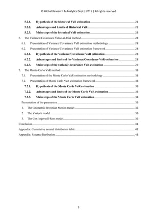 © Global Research & Analytics Dept.| 2015 | All rights reserved
3
5.2.1. Hypothesis of the historical VaR estimation............................................................. 21
5.2.2. Advantages and Limits of Historical VaR................................................................. 22
5.2.3. Main steps of the historical VaR estimation ............................................................. 23
6. The Variance/Covariance Value-at-Risk method.......................................................................... 28
6.1. Presentation of Variance/Covariance VaR estimation methodology .................................... 28
6.2. Presentation of Variance/Covariance VaR estimation framework........................................ 28
6.2.1. Hypothesis of the Variance/Covariance VaR estimation......................................... 28
6.2.2. Advantages and limits of the Variance/Covariance VaR estimation...................... 28
6.2.3. Main steps of the variance-covariance VaR estimation........................................... 29
7. The Monte-Carlo VaR method...................................................................................................... 33
7.1. Presentation of the Monte Carlo VaR estimation methodology............................................ 33
7.2. Presentation of Monte Carlo VaR estimation framework ..................................................... 33
7.2.1. Hypothesis of the Monte Carlo VaR estimation....................................................... 33
7.2.2. Advantages and limits of the Monte Carlo VaR estimation .................................... 33
7.2.3. Main steps of the Monte Carlo VaR estimation........................................................ 34
Presentation of the parameters .......................................................................................................... 35
1. The Geometric Brownian Motion model .................................................................................. 35
2. The Vasicek model.................................................................................................................... 35
3. The Cox-Ingersoll-Ross model.................................................................................................. 36
Conclusion............................................................................................................................................. 41
Appendix: Cumulative normal distribution table.................................................................................. 42
Appendix: Returns distribution ............................................................................................................. 43
 