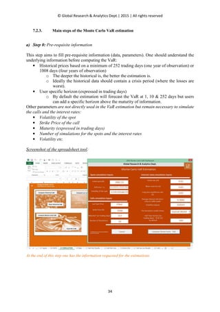 © Global Research & Analytics Dept.| 2015 | All rights reserved
34
7.2.3. Main steps of the Monte Carlo VaR estimation
a) Step 0: Pre-requisite information
This step aims to fill pre-requisite information (data, parameters). One should understand the
underlying information before computing the VaR:
• Historical prices based on a minimum of 252 trading days (one year of observation) or
1008 days (four years of observation)
o The deeper the historical is, the better the estimation is.
o Ideally the historical data should contain a crisis period (where the losses are
worst).
• User specific horizon (expressed in trading days)
o By default the estimation will forecast the VaR at 1, 10 & 252 days but users
can add a specific horizon above the maturity of information.
Other parameters are not directly used in the VaR estimation but remain necessary to simulate
the calls and the interest rates:
• Volatility of the spot
• Strike Price of the call
• Maturity (expressed in trading days)
• Number of simulations for the spots and the interest rates
• Volatility etc.
Screenshot of the spreadsheet tool:
At the end of this step one has the information requested for the estimations.
 