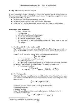 © Global Research & Analytics Dept.| 2015 | All rights reserved
35
b) Step 1: Simulation of the rates and spot
In order to simulate relevant VaR, Geometric Brownian Motion, Vasicek or Cox-Ingersson-
Ross methods can be used to estimate both interest-rate and the adjusted closing price variation
in the whole period but note that:
• the number of simulations ran should be over 100;
• the historical data should cover at least 1 year of observation;
• by default, the Cox-Ingersoll-Ross (CIR) method is used in the spreadsheet form.
Presentation of the parameters
o dSt= µt Sdt+ σt St dz.
o St: Asset price.
o dSt: infinitesimally small price changes.
o µt: constant instantaneous drift term.
o σt: constant instantaneous volatility.
o dz: is a random variable distributed normally with a Mean equal to zero and
Variance dt.
1. The Geometric Brownian Motion model
The GBM for financial markets are used in the Black and Scholes process to price an
option. In the GBM, assets have continuously price driven random moving processes.
The price of the underlying interest rate is given using the GBM formula:
ࢊ࢚࢘
࢚࢘
= ࣆࢊ࢚ + ࣌ࢊࢃ࢚.
• µ = the term of drift or trend (tendency)
• σ = diffusion parameter
• Wt : Stochastic variable, consequently its infinitesimal increment dw represents
the source of uncertainty in the price history of the underlying interest rate
• σ²= instantaneous variance
࢚࢘ = ࢚࢘ି૚ࢋ
൬ࣆି
࣌૛
૛
൰ࢊ࢚ାࣕ࣌√ࢊ࢚
ࢇ࢜ࢋࢉ ࣕ ∼ ࡺ(૙, ૚), ࣕ = ࡺି૚
(࢞).
2. The Vasicek model
“The Vasicek model is a mathematical model describing the evolution of interest rates.
This “one-factor model” describes the interest rate movements as driven by one source
of market risk”20
:
ࢊ࢚࢘
࢚࢘
= ࢇ(࢈ − ࢚࢘)ࢊ࢚ + ࣌√ࢊ࢚ ࣕ.
σ: standard deviation, determines the volatility of interest rates
b: long term mean level
a: speed of reversion
In our VaR spreadsheet estimator, we have implemented the Euler version of
discretization of the model:
࢚࢘ାઢ࢚ = ࢇ(࢈ − ࢚࢘)ઢ‫ܜ‬ + ࣌ √ઢ࢚ ࢚ࣕାઢ࢚ + ࢚࢘.
20
Options, Futures and Other Derivatives, John Hull (2003)
 