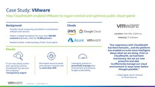 Confidential ©2020 VMware, Inc.
│
Clouds
Background
Results
• Provides cloud computing and platform virtualization
software and services
• Powers a digital foundation for more than 500,000
customers globally, aided by 75,000 partners
• Needed a better understanding of their cloud spend
“Our experience with CloudHealth
has been fantastic…and the platform
has enabled us to be more intelligent
about what we are doing. Prior to
CloudHealth, we had been
reactionary, but we are now
proactive and able
to effectively manage our cloud
environment in ways never before
thought possible.”
​
— Anees Iqbal, Senior Director
of Cloud Services
Location: Palo Alto, California
Case Study: VMware
Industry: IT Software
How CloudHealth enabled VMware to regain control and optimize public cloud spend
IT can now clearly outline
their spend by services.
CloudHealth has become
the company’s
‘transparency engine’
Eliminated resource waste
and reduced compute cost
by more than 35%
Leveraging policies to
proactively manage their
environment and enhance
budget predictability
 