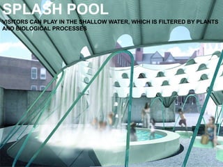 SPLASH POOL
VISITORS CAN PLAY IN THE SHALLOW WATER, WHICH IS FILTERED BY PLANTS
AND BIOLOGICAL PROCESSES
 