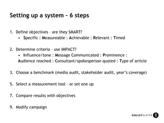 Setting up a system – 6 steps Define objectives – are they SMART? S pecific :  M easureable :  A chievable :  R elevant :  T imed Determine criteria – use IMPACT? I nfluence/tone :  M essage Communicated :  P rominence :  A udience reached :  C onsultant/spokesperson quoted :  T ype of article Choose a benchmark (media audit, stakeholder audit, year’s coverage) Select a measurement tool – or set one up Compare results with objectives Modify campaign 