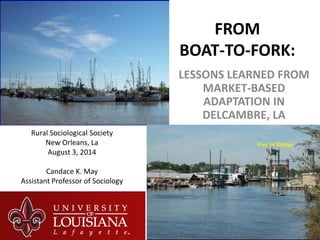 FROM
BOAT-TO-FORK:
LESSONS LEARNED FROM
MARKET-BASED
ADAPTATION IN
DELCAMBRE, LA
Rural Sociological Society
New Orleans, La
August 3, 2014
Candace K. May
Assistant Professor of Sociology
 
