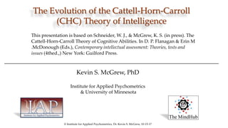 The Evolution of the Cattell-Horn-Carroll
(CHC) Theory of Intelligence
Kevin S. McGrew, PhD
Institute for Applied Psychometrics
& University of Minnesota
© Institute for Applied Psychometrics, Dr. Kevin S. McGrew, 10-15-17
This presentation is based on Schneider, W. J., & McGrew, K. S. (in press). The
Cattell-Horn-Carroll Theory of Cognitive Abilities. In D. P. Flanagan & Erin M
.McDonough (Eds.), Contemporary intellectual assessment: Theories, tests and
issues (4thed.,) New York: Guilford Press.
 