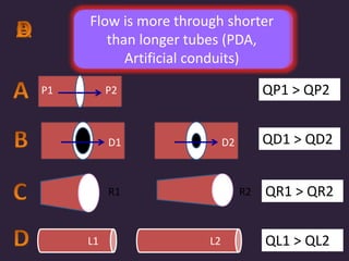 P1 P2 QP1 > QP2
QD1 > QD2D2D1
R1
L1
R2 QR1 > QR2
QL1 > QL2L2
Plumbing
principle
More flow through
VSD than ASD
More flow through a non
restrictive VSD than a restrictive
VSD
Flow depends on the vascular
resistance of the bed distal to
the shunt
Flow is more through shorter
than longer tubes (PDA,
Artificial conduits)
 