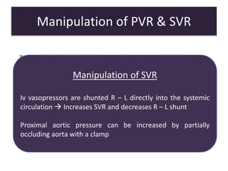 Manipulation of PVR & SVR
Ventilatory control
PVR can be controlled independently of SVR
by adjusting ventilation
Anesthetics and PVR
Ketamine & N2O increase PVR in adults
Not in infants with normal or increased PVR
Large doses of opiods attenuate stress response in
pulmonary vasculature to noxious stimuli like intubation
Adequate depth also decrese stress response in pulmonary
vasculature
Manipulation of SVR
Iv vasopressors are shunted R – L directly into the systemic
circulation  Increases SVR and decreases R – L shunt
Proximal aortic pressure can be increased by partially
occluding aorta with a clamp
 