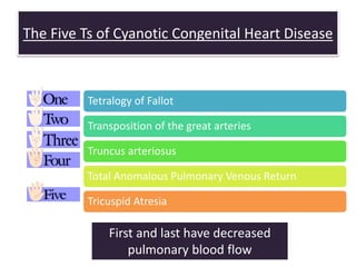 The Five Ts of Cyanotic Congenital Heart Disease
Tetralogy of Fallot
Transposition of the great arteries
Truncus arteriosus
Total Anomalous Pulmonary Venous Return
Tricuspid Atresia
First and last have decreased
pulmonary blood flow
 