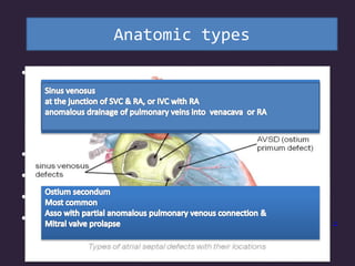 ATRIAL SEPTAL DEFECT
• Communication between the atria due to the
deficiency of tissue in the septum
Anatomic types
• Defect at the fossa ovalis( ostium secondum
• Partial AV canal defects( ostium primum)
• Sinus venosus defects
• Coronary sinus defects .
Anatomic types
s
 