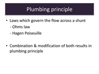 Plumbing principle
• Laws which govern the flow across a shunt
- Ohms law
- Hagen Poiseuille
• Combination & modification of both results in
plumbing principle
 
