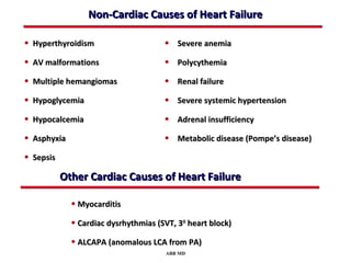 Non-Cardiac Causes of Heart Failure

• Hyperthyroidism                     • Severe anemia
• AV malformations                    • Polycythemia
• Multiple hemangiomas                • Renal failure
• Hypoglycemia                        • Severe systemic hypertension
• Hypocalcemia                        • Adrenal insufficiency
• Asphyxia                            • Metabolic disease (Pompe’s disease)
• Sepsis
           Other Cardiac Causes of Heart Failure

             • Myocarditis
             • Cardiac dysrhythmias (SVT, 30 heart block)
             • ALCAPA (anomalous LCA from PA)
                                      ABB MD
 