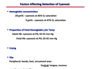 Factors Affecting Detection of Cyanosis

• Hemoglobin concentration
         20 gm% - cyanosis at 85% O2 saturation
                   9 gm% - cyanosis at 67% O 2 saturation


• Proportion of Fetal Hemoglobin; pH; Temp
    Adult Hb: cyanosis at PO2 42-53 mm Hg
           Fetal Hb: cyanosis at PO2 32-42 mm Hg


• Crying


• Site
  Peripheral: hands, feet, circumoral area
                                 Central: tongue, mucous
                                   ABB MD
 