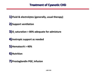 Treatment of Cyanotic CHD


1) Fluid & electrolytes (generally, usual therapy)

2) Support ventilation

3) O2 saturation > 80% adequate for admixture

4) Inotropic support as needed

5) Hematocrit > 40%

6) Nutrition

7) Prostaglandin PGE1 infusion

                                 ABB MD
 