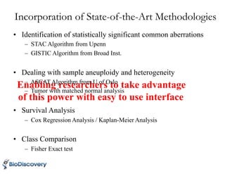 Enabling researchers to take advantage
Incorporation of State-of-the-Art Methodologies
• Identification of statistically significant common aberrations
– STAC Algorithm from Upenn
– GISTIC Algorithm from Broad Inst.
• Dealing with sample aneuploidy and heterogeneity
– ASCAT Algorithm from U of Oslo
– Tumor with matched normal analysis
of this power with easy to use interface
• Survival Analysis
– Cox Regression Analysis / Kaplan-Meier Analysis
• Class Comparison
– Fisher Exact test
 