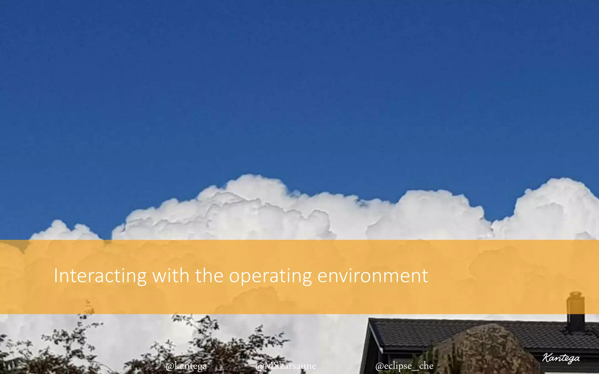 Interacting with the operating environment
@kantega @MSkarsaune @eclipse_che
 