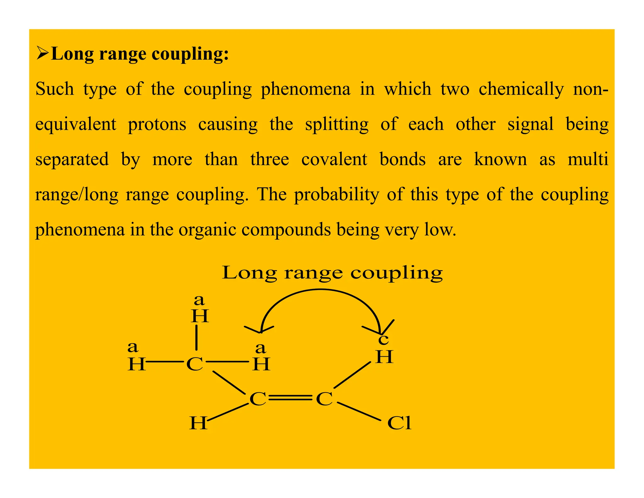 Long range coupling:
Such type of the coupling phenomena in which two chemically non-
equivalent protons causing the splitting of each other signal being
separated by more than three covalent bonds are known as multi
range/long range coupling. The probability of this type of the coupling
phenomena in the organic compounds being very low.
C C
H
H Cl
C H
H
H
a
a
a
c
Long range coupling
 