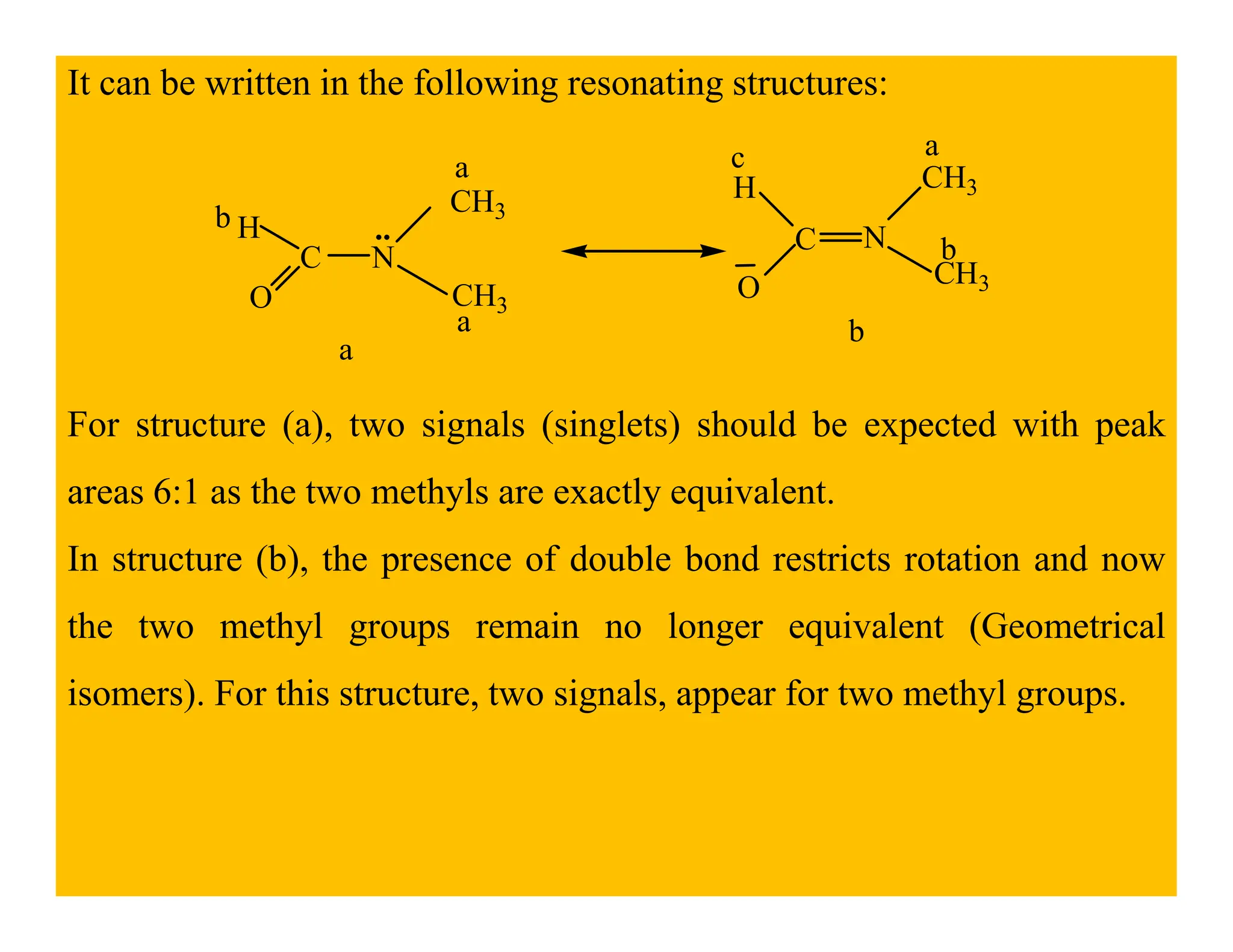 It can be written in the following resonating structures:
C N
O
CH3
CH3
CH3
CH3
O
H
H
..
a
a
b
C N
a
b
c
a
b
For structure (a), two signals (singlets) should be expected with peak
areas 6:1 as the two methyls are exactly equivalent.
areas 6:1 as the two methyls are exactly equivalent.
In structure (b), the presence of double bond restricts rotation and now
the two methyl groups remain no longer equivalent (Geometrical
isomers). For this structure, two signals, appear for two methyl groups.
 
