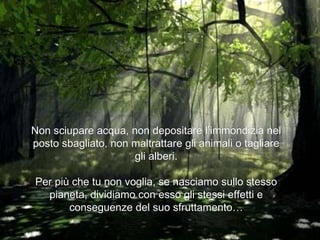 Non sciupare acqua, non depositare l’immondizia nel posto sbagliato, non maltrattare gli animali o tagliare gli alberi. Per più che tu non voglia, se nasciamo sullo stesso pianeta, dividiamo con esso gli stessi effetti e conseguenze del suo sfruttamento… 