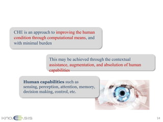 CHE is an approach to improving the human
condition through computational means, and
with minimal burden


                  This may be achieved through the contextual
                  assistance, augmentation, and absolution of human
                  capabilities

    Human capabilities such as
    sensing, perception, attention, memory,
    decision making, control, etc.




                                                                      14
 