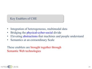 Key Enablers of CHE


•   Integration of heterogeneous, multimodal data
•   Bridging the physical-cyber-social divide
•   Elevating abstractions that machines and people understand
•   Semantics at an extraordinary Scale

These enablers are brought together through
Semantic Web technologies




                                                                 24
 