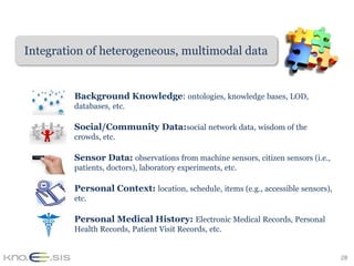 Integration of heterogeneous, multimodal data


         Background Knowledge: ontologies, knowledge bases, LOD,
         databases, etc.

         Social/Community Data:social network data, wisdom of the
         crowds, etc.

         Sensor Data: observations from machine sensors, citizen sensors (i.e.,
         patients, doctors), laboratory experiments, etc.

         Personal Context: location, schedule, items (e.g., accessible sensors),
         etc.

         Personal Medical History: Electronic Medical Records, Personal
         Health Records, Patient Visit Records, etc.


                                                                                   28
 