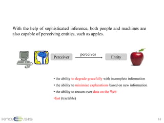 With the help of sophisticated inference, both people and machines are
also capable of perceiving entities, such as apples.



                                         perceives
                     Perceiver                               Entity




                     • the ability to degrade gracefully with incomplete information
                     • the ability to minimize explanations based on new information
                     • the ability to reason over data on the Web
                     •fast (tractable)




                                                                                       53
 