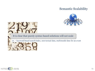 Semantic Scalability




 It is clear that purely syntax-based solutions will not scale
ex. – keyword based search/index, non-textual data, multimodal data for an event




                                                                                   73
 