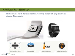 Continuous Phase Technology
  Basis is a wrist-watch that also monitors pulse rate, movement, temperature, and
  galvanic skin response.




                                                                                     88
 