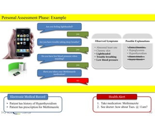Personal Assessment Phase: Example
                                  Are you feeling lightheaded?


                                                                 yes


                            Are you have trouble taking deep breaths?   Observed Symptoms            Possible Explanations

                                                                        •   Abnormal heart rate       •   Panic Disorder
                                                                 yes                                  •
                                                                        •   Clammy skin                   Hypoglycemia
                                                                        •   Lightheaded               •   Hyperthyroidism
                              Do you have low blood pressure when       •   Trouble breathing         •   Heart Attack
                                           standing?                                                  •
                                                                        •   Low blood pressure            Septic Shock

                                                                 yes


                               Have you taken your Methimazole
                                         medication?

                                                                  no




    Electronic Medical Record                                                         Health Alert

  • Patient has history of Hyperthyroidism                                  1. Take medication: Methimazole
  • Patient has prescription for Methimazole                                2. See doctor: how about Tues. @ 11am?
                                                                                                                            90
 