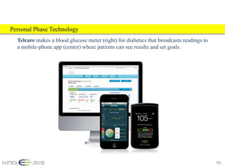 Personal Phase Technology
  Telcare makes a blood glucose meter (right) for diabetics that broadcasts readings to
  a mobile-phone app (center) where patients can see results and set goals.




                                                                                          93
 