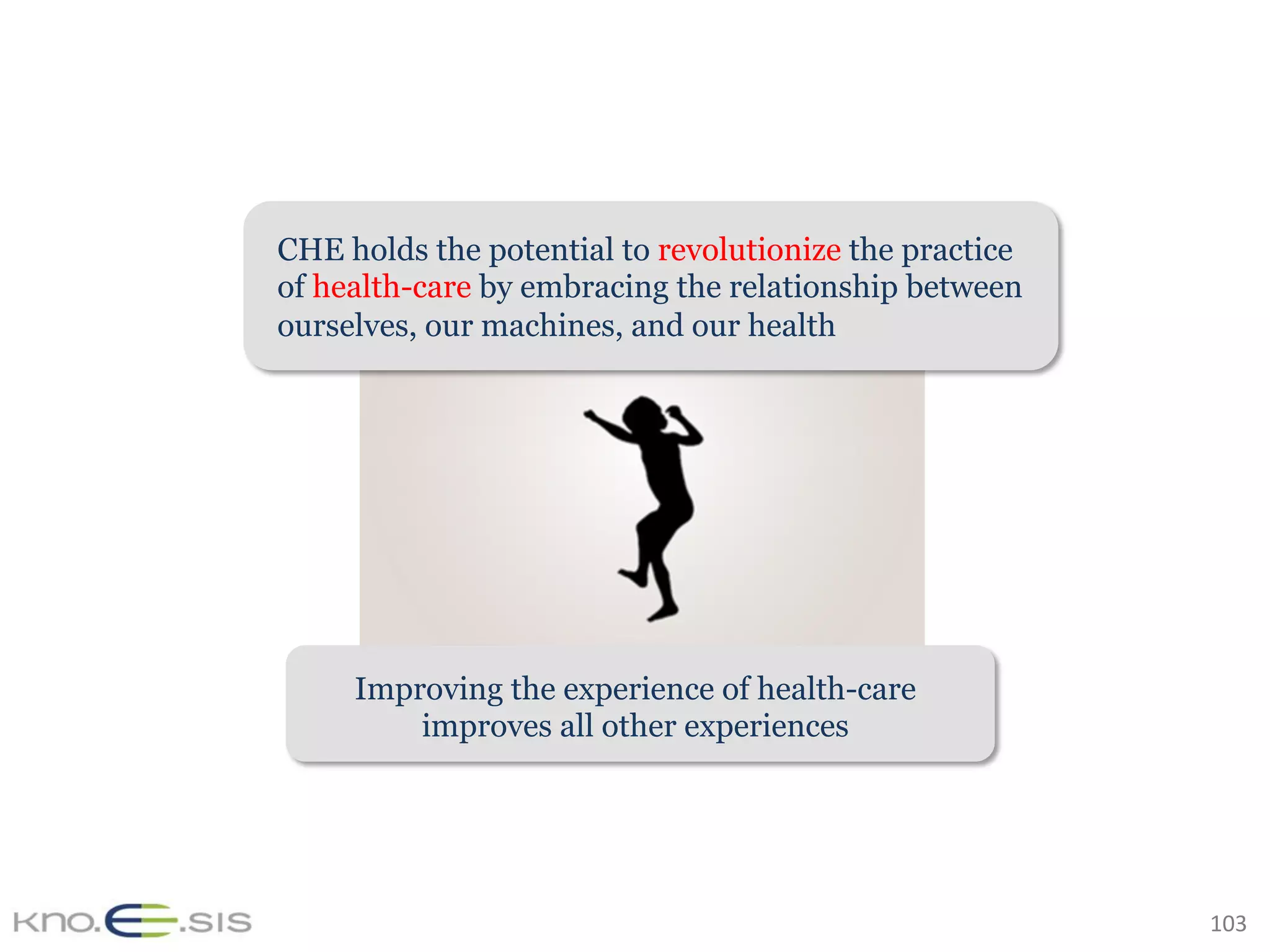 103	
Improving the experience of health-care
improves all other experiences
CHE holds the potential to revolutionize the practice
of health-care by embracing the relationship between
ourselves, our machines, and our health
 