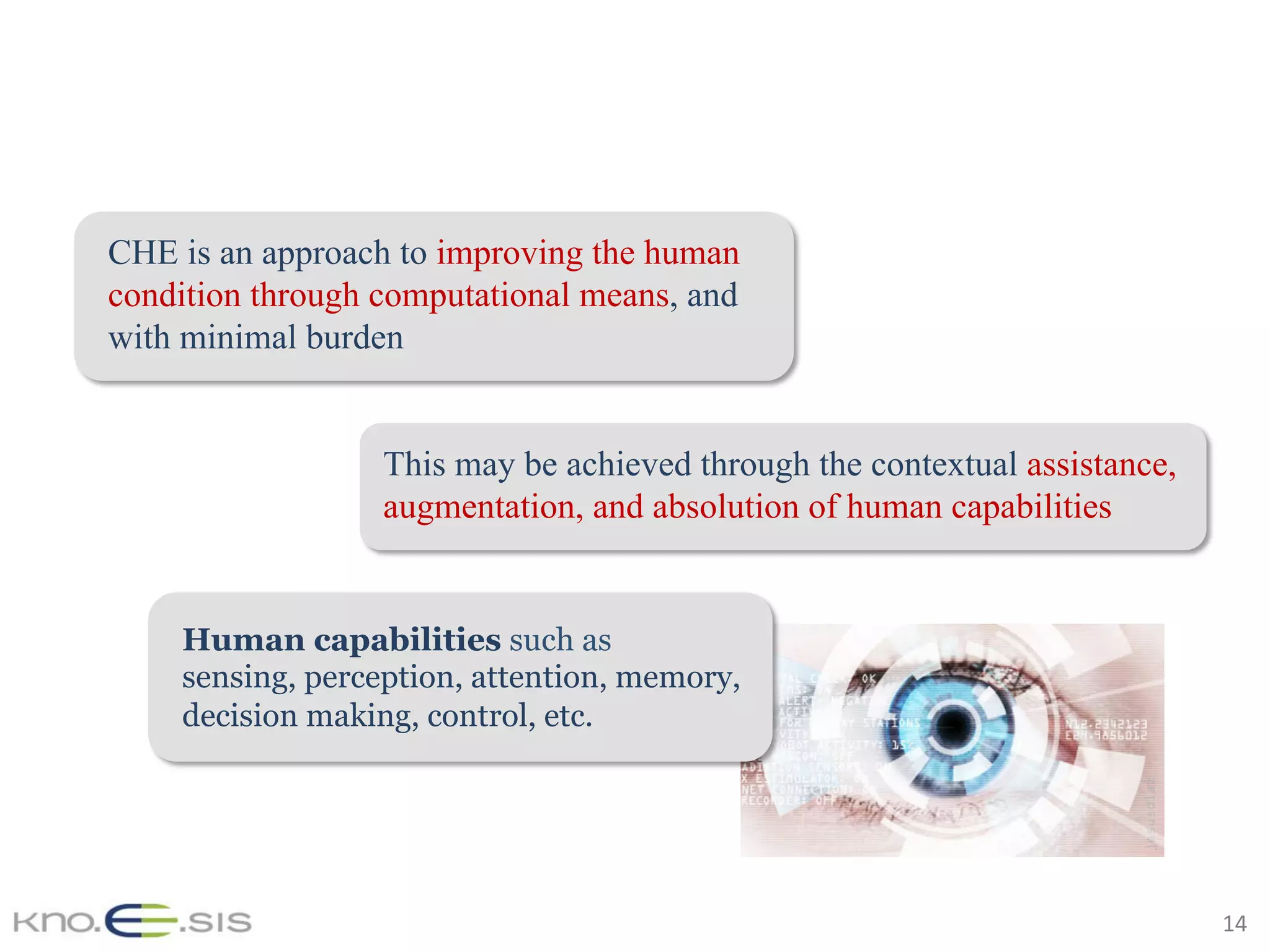 14	
Human capabilities such as
sensing, perception, attention, memory,
decision making, control, etc.
CHE is an approach to improving the human
condition through computational means, and
with minimal burden
This may be achieved through the contextual assistance,
augmentation, and absolution of human capabilities
 
