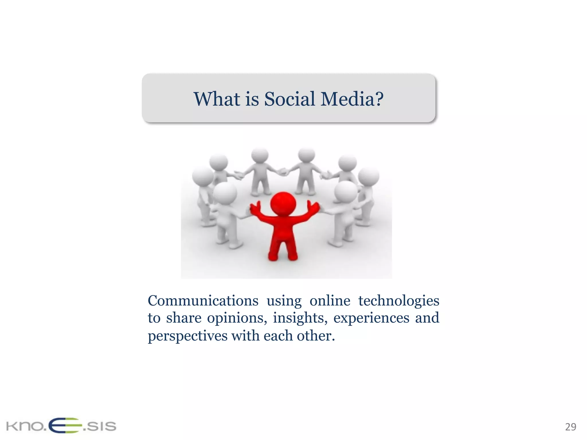 29	
Communications using online technologies
to share opinions, insights, experiences and
perspectives with each other.
What is Social Media?
 