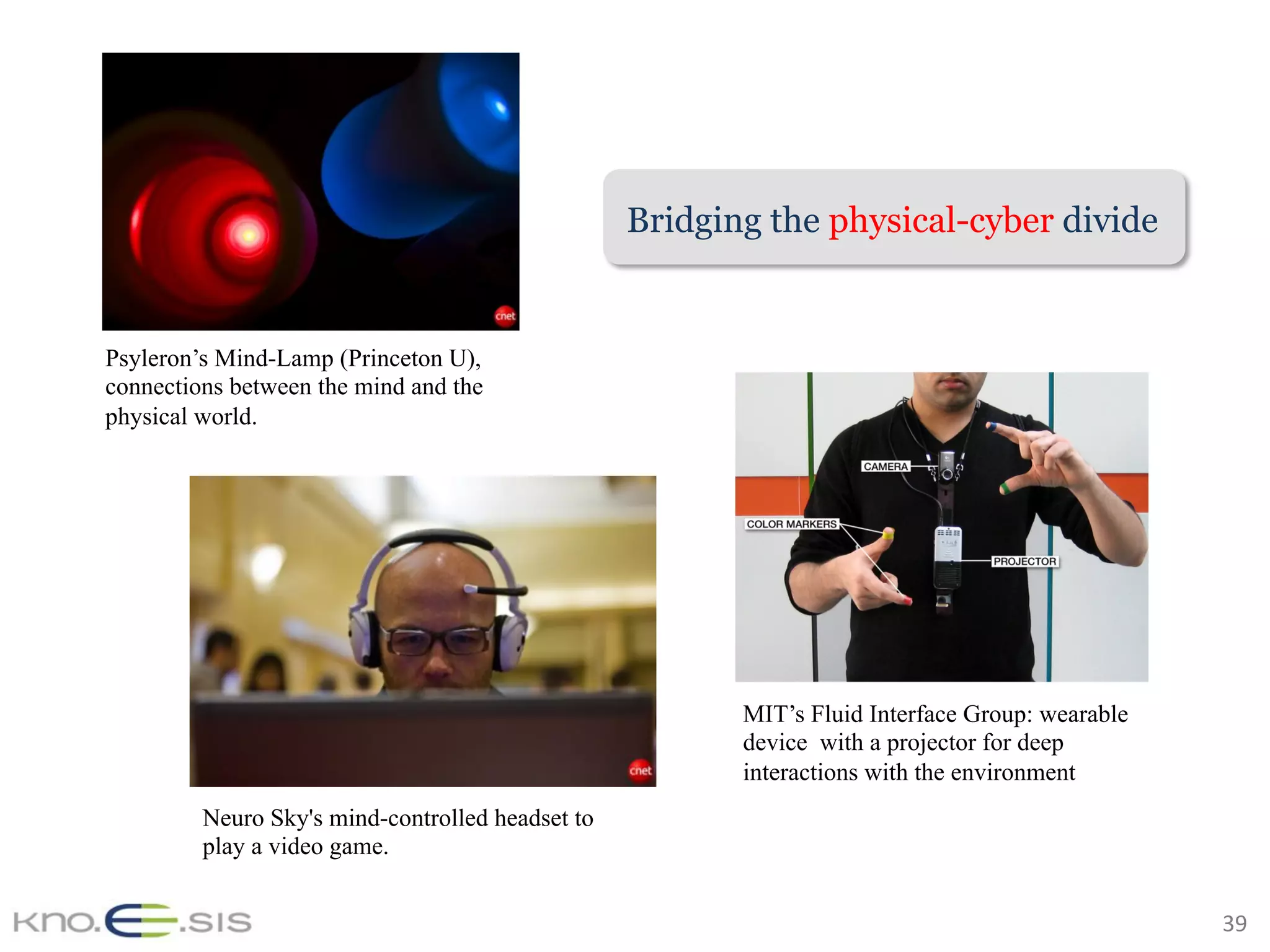 39	
Psyleron’s Mind-Lamp (Princeton U),
connections between the mind and the
physical world.
Neuro Sky's mind-controlled headset to
play a video game.
MIT’s Fluid Interface Group: wearable
device with a projector for deep
interactions with the environment
Bridging the physical-cyber divide
 