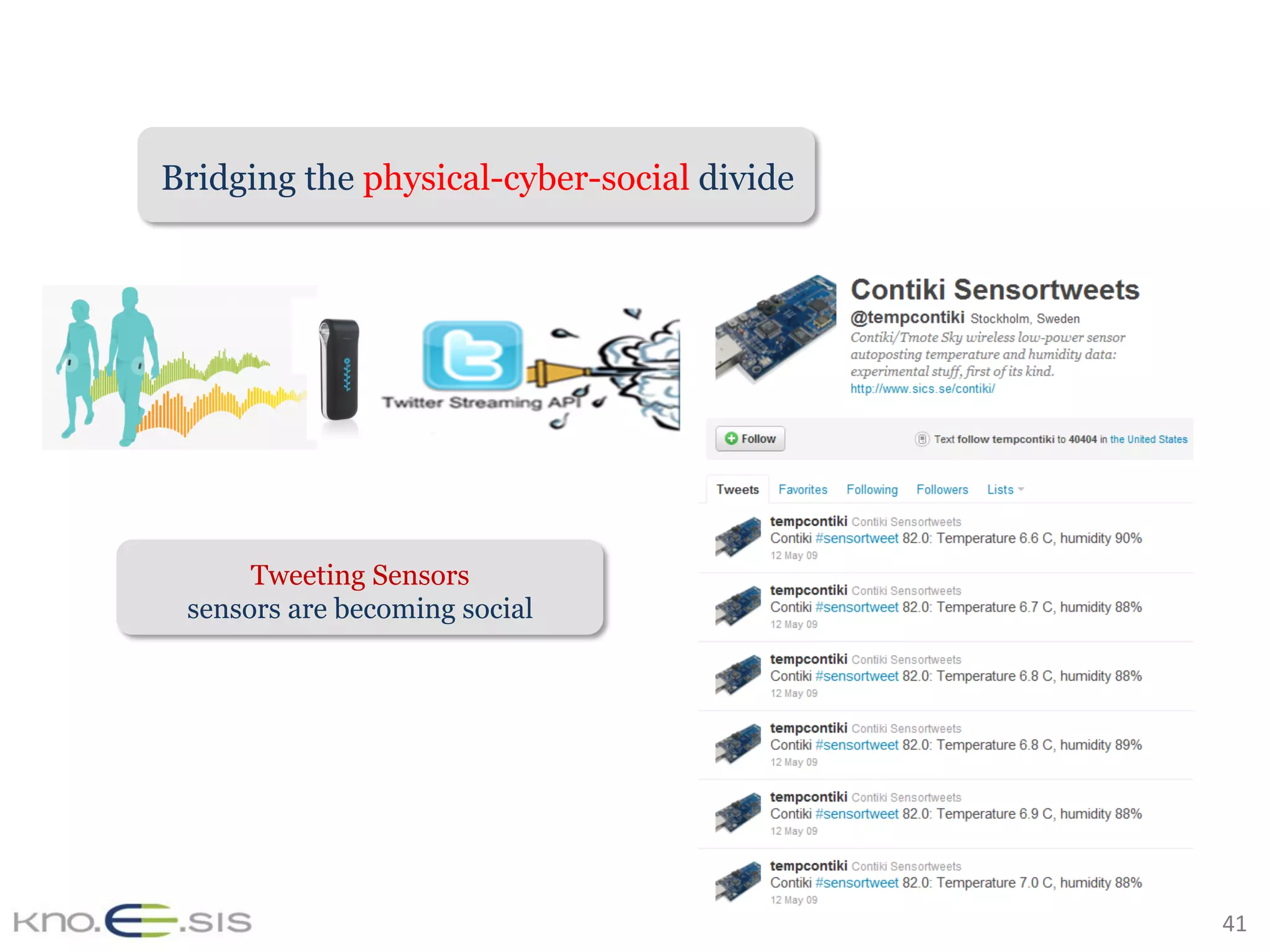 41	
Tweeting Sensors
sensors are becoming social
Bridging the physical-cyber-social divide
 