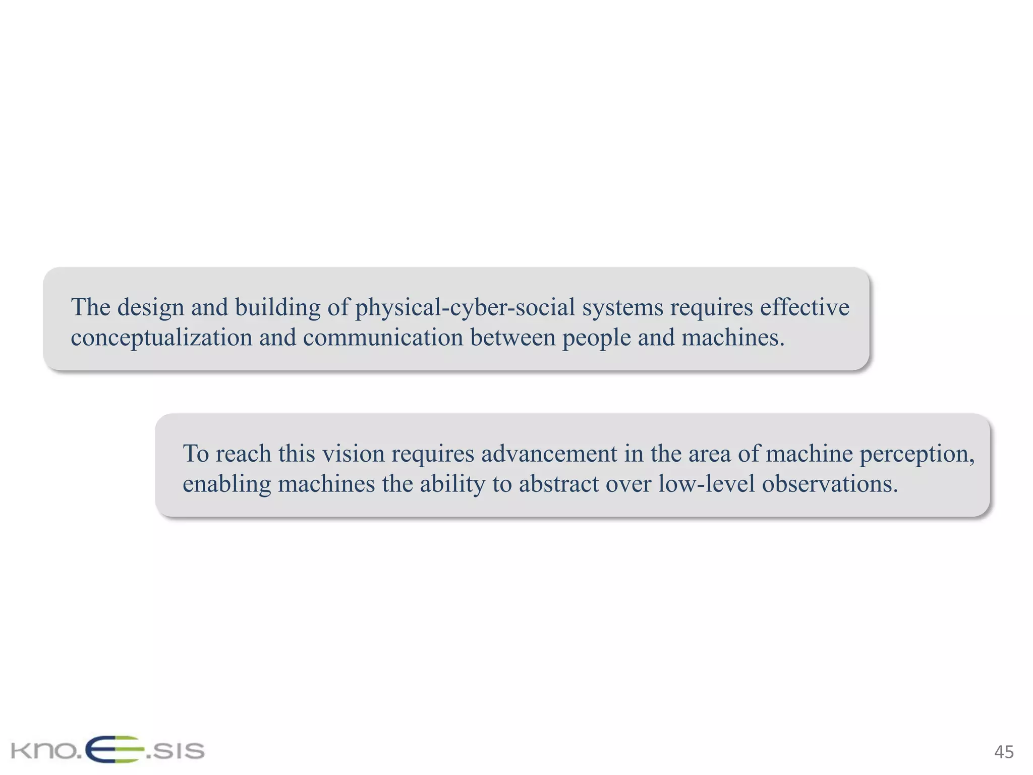 45	
The design and building of physical-cyber-social systems requires effective
conceptualization and communication between people and machines.
To reach this vision requires advancement in the area of machine perception,
enabling machines the ability to abstract over low-level observations.
 