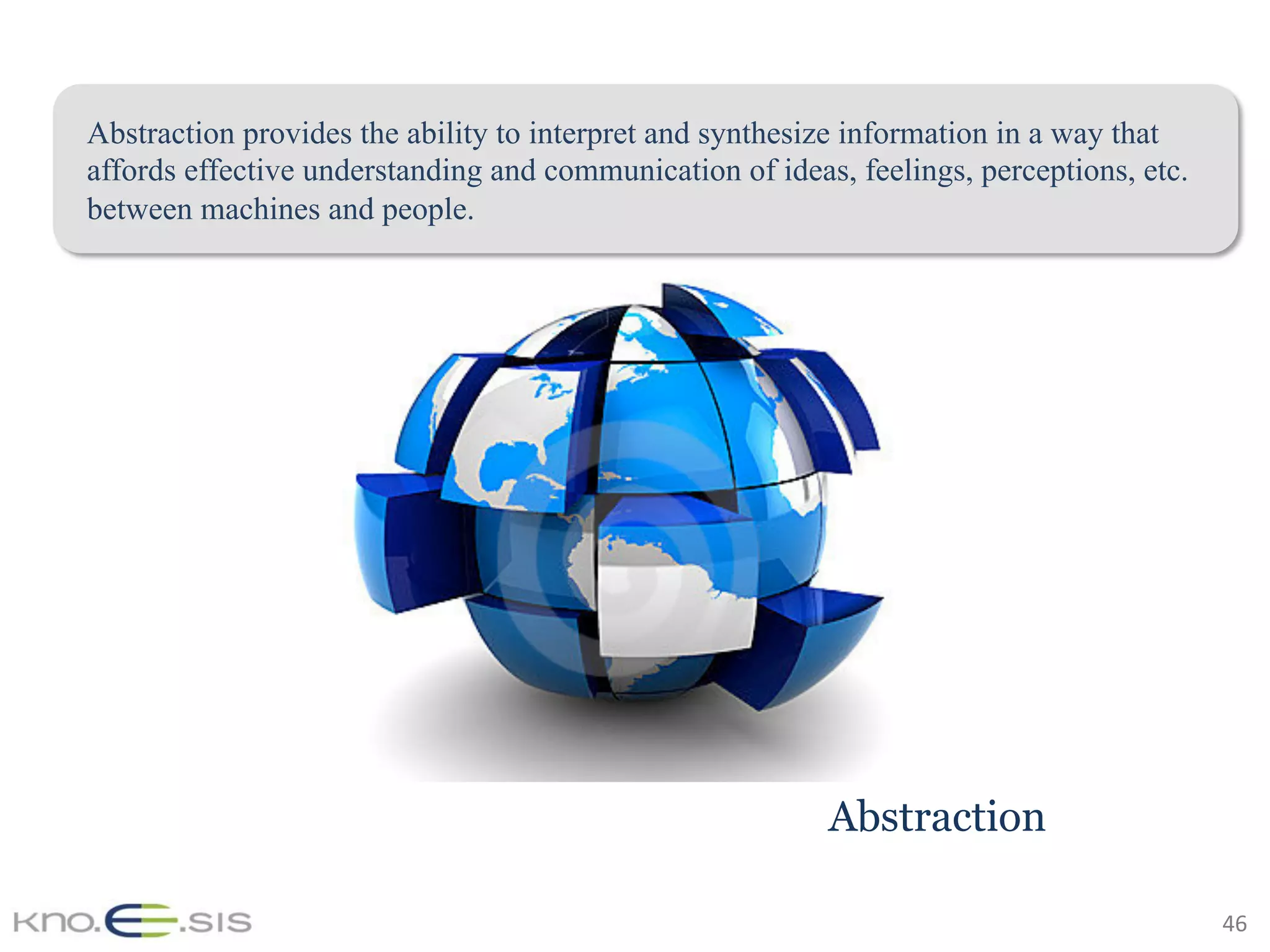 46	
Abstraction
Abstraction provides the ability to interpret and synthesize information in a way that
affords effective understanding and communication of ideas, feelings, perceptions, etc.
between machines and people.
 