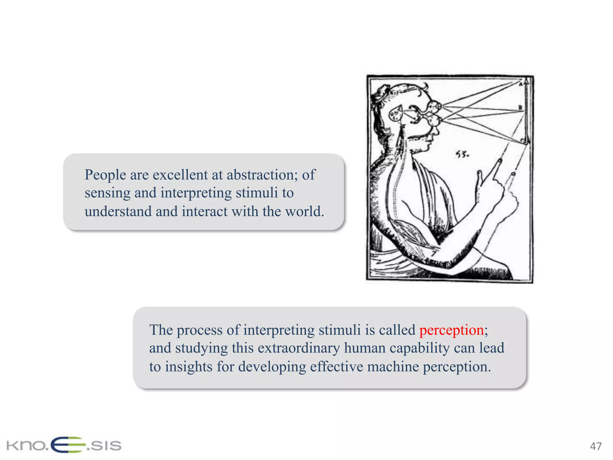 47	
The process of interpreting stimuli is called perception;
and studying this extraordinary human capability can lead
to insights for developing effective machine perception.
People are excellent at abstraction; of
sensing and interpreting stimuli to
understand and interact with the world.
 