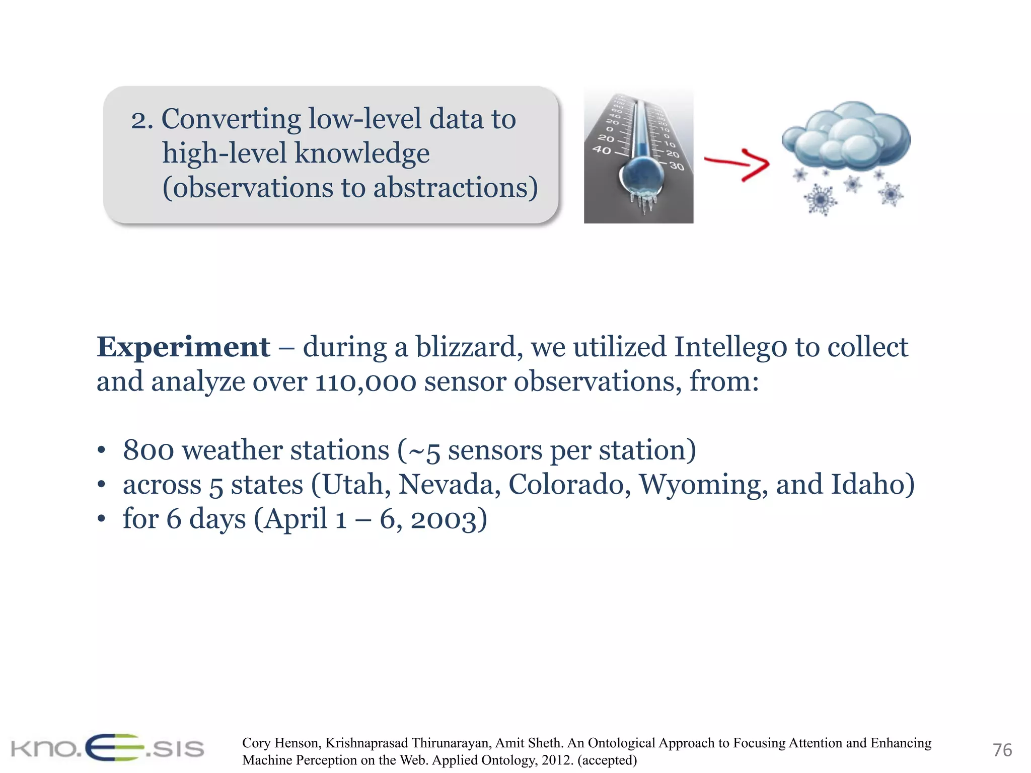 76	
2. Converting low-level data to
high-level knowledge
(observations to abstractions)
Cory Henson, Krishnaprasad Thirunarayan, Amit Sheth. An Ontological Approach to Focusing Attention and Enhancing
Machine Perception on the Web. Applied Ontology, 2012. (accepted)
Experiment – during a blizzard, we utilized Intelleg0 to collect
and analyze over 110,000 sensor observations, from:
•  800 weather stations (~5 sensors per station)
•  across 5 states (Utah, Nevada, Colorado, Wyoming, and Idaho)
•  for 6 days (April 1 – 6, 2003)
 