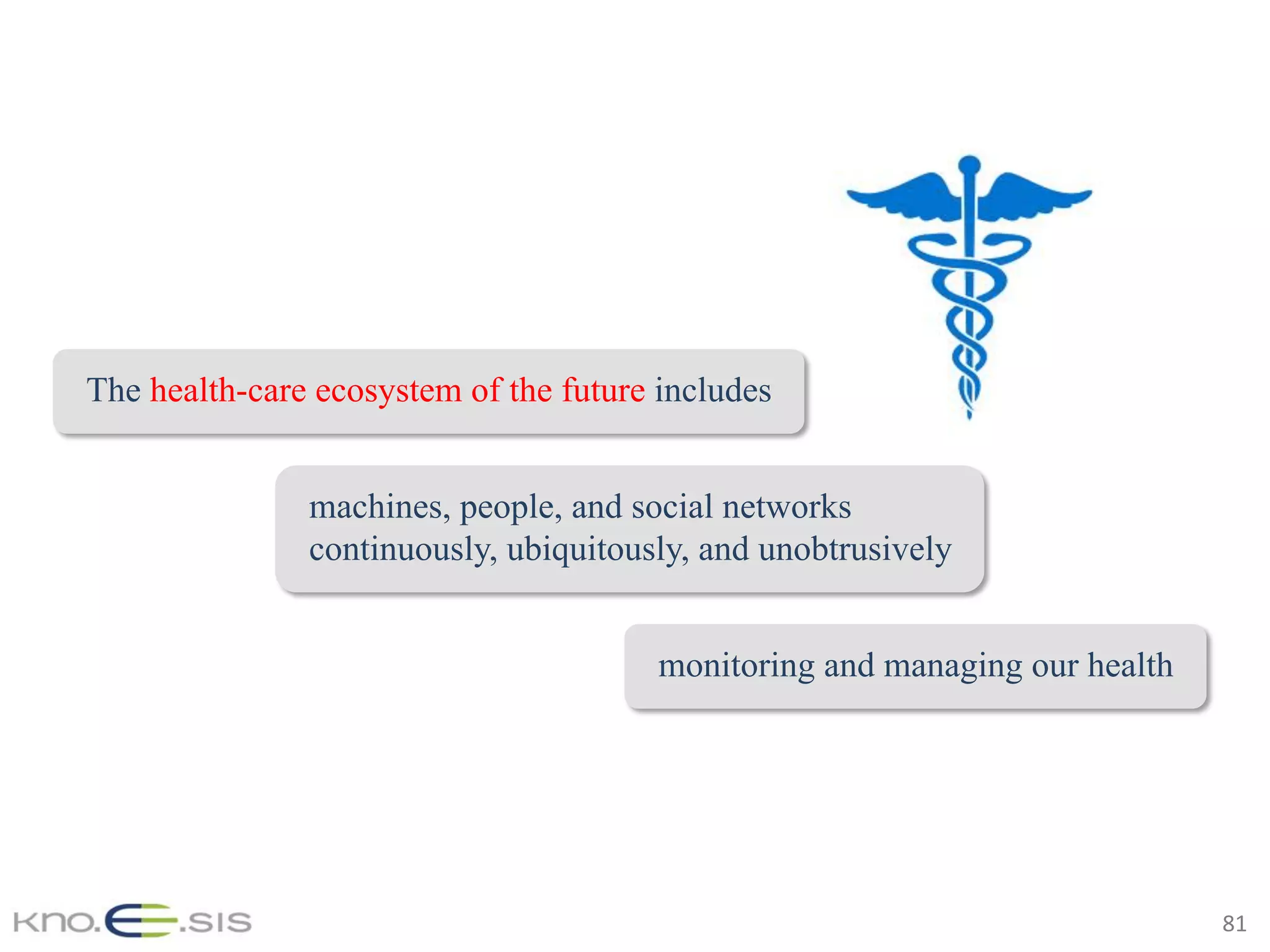 81	
The health-care ecosystem of the future includes
machines, people, and social networks
continuously, ubiquitously, and unobtrusively
monitoring and managing our health
 
