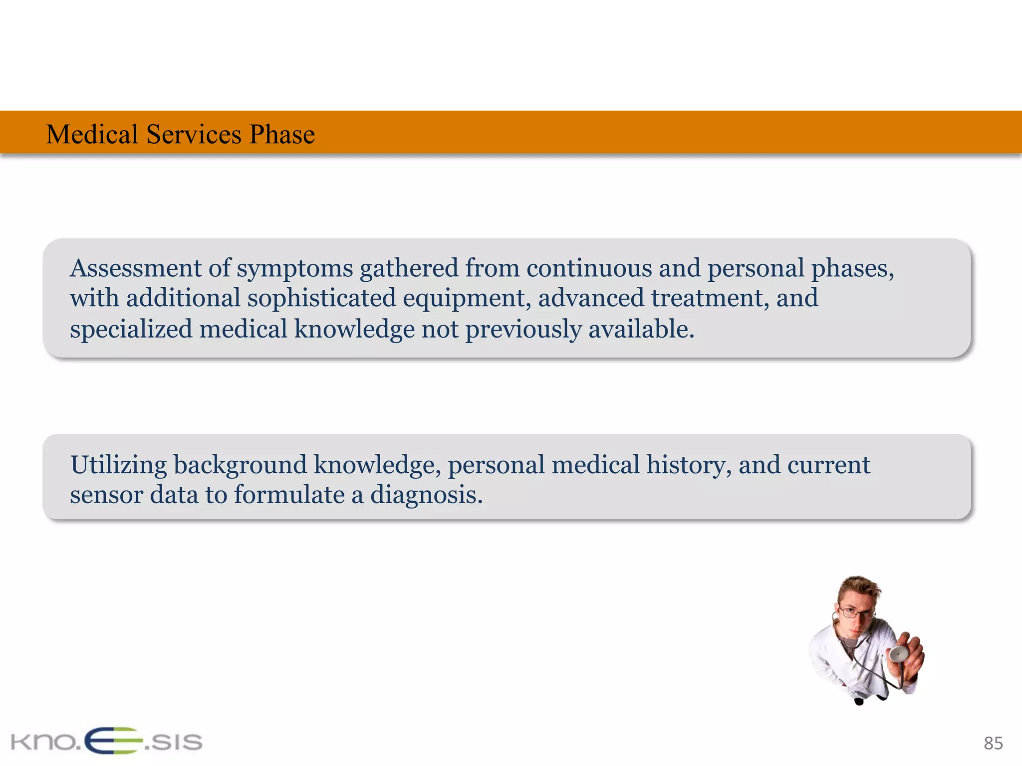 85	
Medical Services Phase
Assessment of symptoms gathered from continuous and personal phases,
with additional sophisticated equipment, advanced treatment, and
specialized medical knowledge not previously available.
Utilizing background knowledge, personal medical history, and current
sensor data to formulate a diagnosis.
 