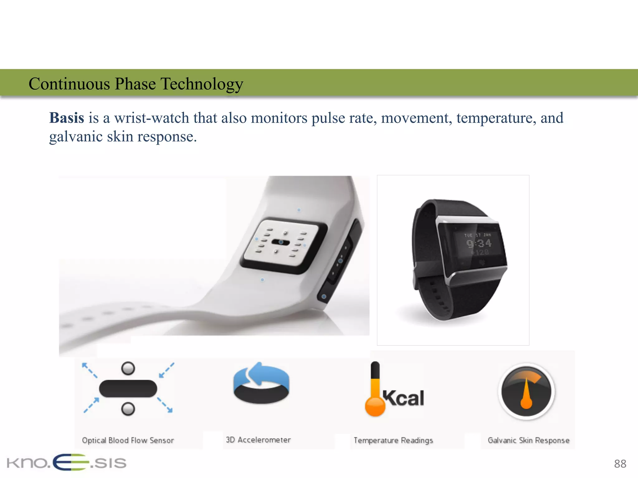 88	
Basis is a wrist-watch that also monitors pulse rate, movement, temperature, and
galvanic skin response.
Continuous Phase Technology
 