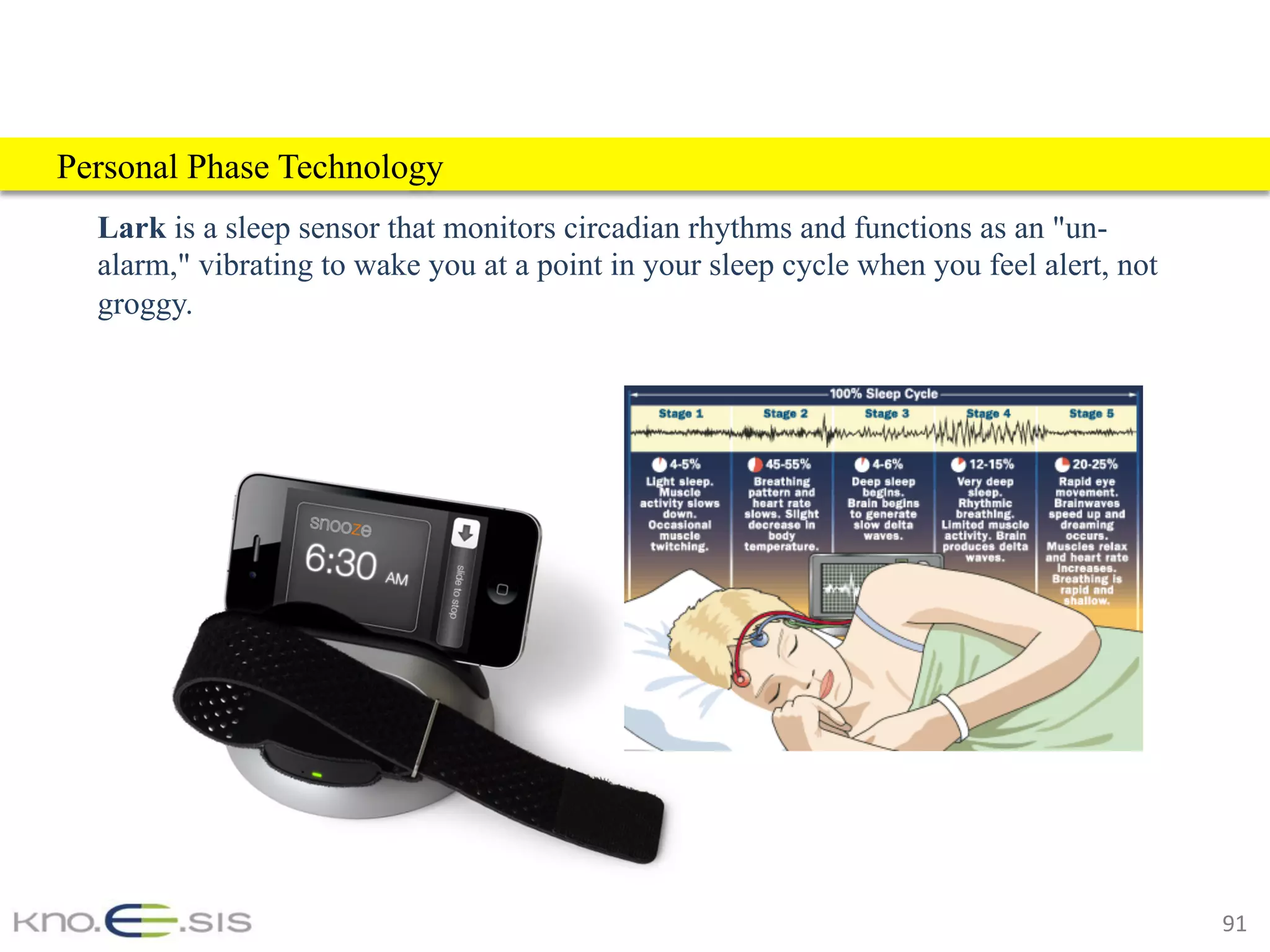 91	
Lark is a sleep sensor that monitors circadian rhythms and functions as an "un-
alarm," vibrating to wake you at a point in your sleep cycle when you feel alert, not
groggy.
Personal Phase Technology
 