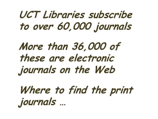 FINDING BOOKSHANDS-ON  EXERCISE      http://www.lib.uct.ac.za/eslSEARCH  ALEPH for books on these topics :extractive metallurgy hydrometallurgy  pyrometallurgyWrite down the SHELF  NUMBERSAre the books on the shelf, or out on loan?Use   BROWSE to find books about   metallurgy